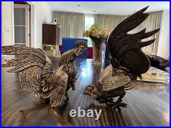 Pair Antique Silvered Bronze Metal Gamecock Estate Sale Super Heavy Eagle read