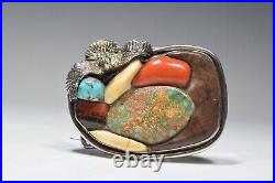 Rare Navajo Native American Coral Turquoise Eagle Sterling Silver Belt Buckle