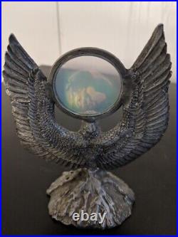 Rare Silver Pewter Bald Eagle statue with embedded Earth Hologram on Glass