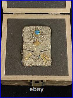 Silver & Brass Zippo lighter Indian Spirit Eagle WithNatural Wood Box. Lost proof