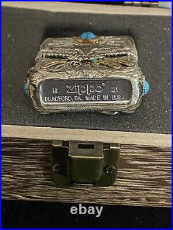 Silver & Brass Zippo lighter Indian Spirit Eagle WithNatural Wood Box. Lost proof