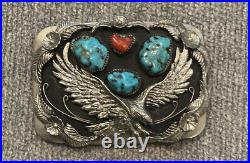Silver Eagle Belt Buckle With Turquoise and Red Coral