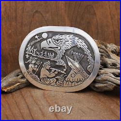 Sterling Silver Overlay Native American Story Belt Buckle With Eagle Head