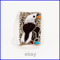 Sterling Silver Turquoise Coral Onyx Mop Inlay Bald Eagle Inlay Signet Ring 10.5