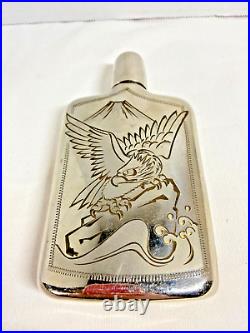 Vintage Engraved Eagle Etched Metal Flask with Screw Top Small Shot Glass Lid