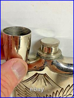 Vintage Engraved Eagle Etched Metal Flask with Screw Top Small Shot Glass Lid