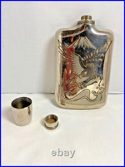 Vintage Engraved Eagle Etched Metal Flask with Screw Top Small Shot Glass Lid