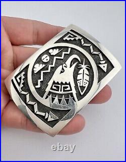 Vintage Hopi Sterling Silver Eagle Tribal Overlay Belt Buckle 3 63.3g