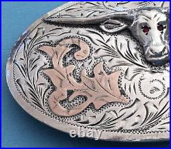 Vintage JFGM Sterling Silver Plata Jalisco Eagle 50 Red Eye Longhorn Belt Buckle