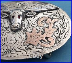 Vintage JFGM Sterling Silver Plata Jalisco Eagle 50 Red Eye Longhorn Belt Buckle