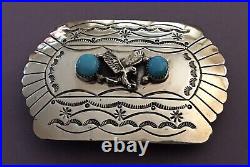 Vintage Native American Signed F Sterling Silver & Turquoise Eagle Belt Buckle