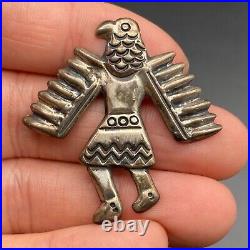 Vintage Navajo Eagle Dancer Kachina Sand Cast Hand Stamped Silver Pin Brooch