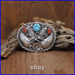 Vintage Sterling Silver Eagle, Coral and Turquoise Belt Buckle