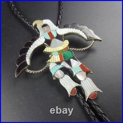 Vintage ZUNI Sterling Silver EAGLE DANCER BOLO Tie, INLAY of Turquoise Coral MOP