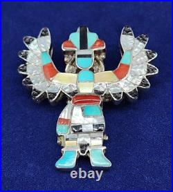 Vintage Zuni Native Turquoise Kachina Eagle Dancer Brooch Pin Sterling Signed