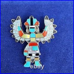 Vintage Zuni Native Turquoise Kachina Eagle Dancer Brooch Pin Sterling Signed