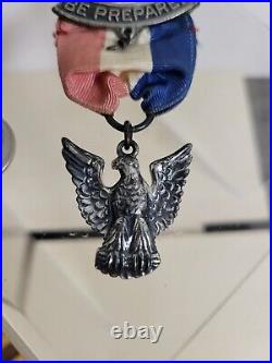 Vtg Boy Scouts Sterling Silver Eagle Scout Pin Ribbon Be Prepared Medal Rare