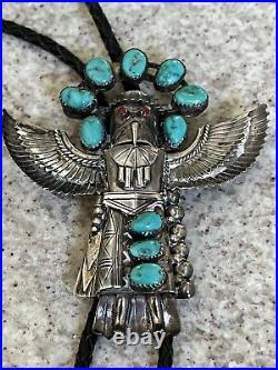 Vtg. Native American Eagle Dancer Kachina Sterling Silver & Turquoise Bolo Tie