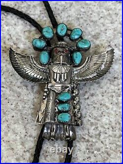 Vtg. Native American Eagle Dancer Kachina Sterling Silver & Turquoise Bolo Tie