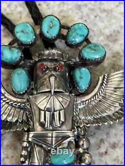 Vtg. Native American Eagle Dancer Kachina Sterling Silver & Turquoise Bolo Tie