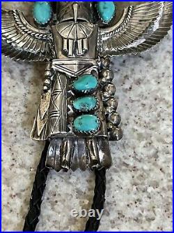 Vtg. Native American Eagle Dancer Kachina Sterling Silver & Turquoise Bolo Tie