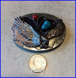 Vtg Navajo Eagle Turquoise & Coral Sterling Silver Belt Buckle Southwestern